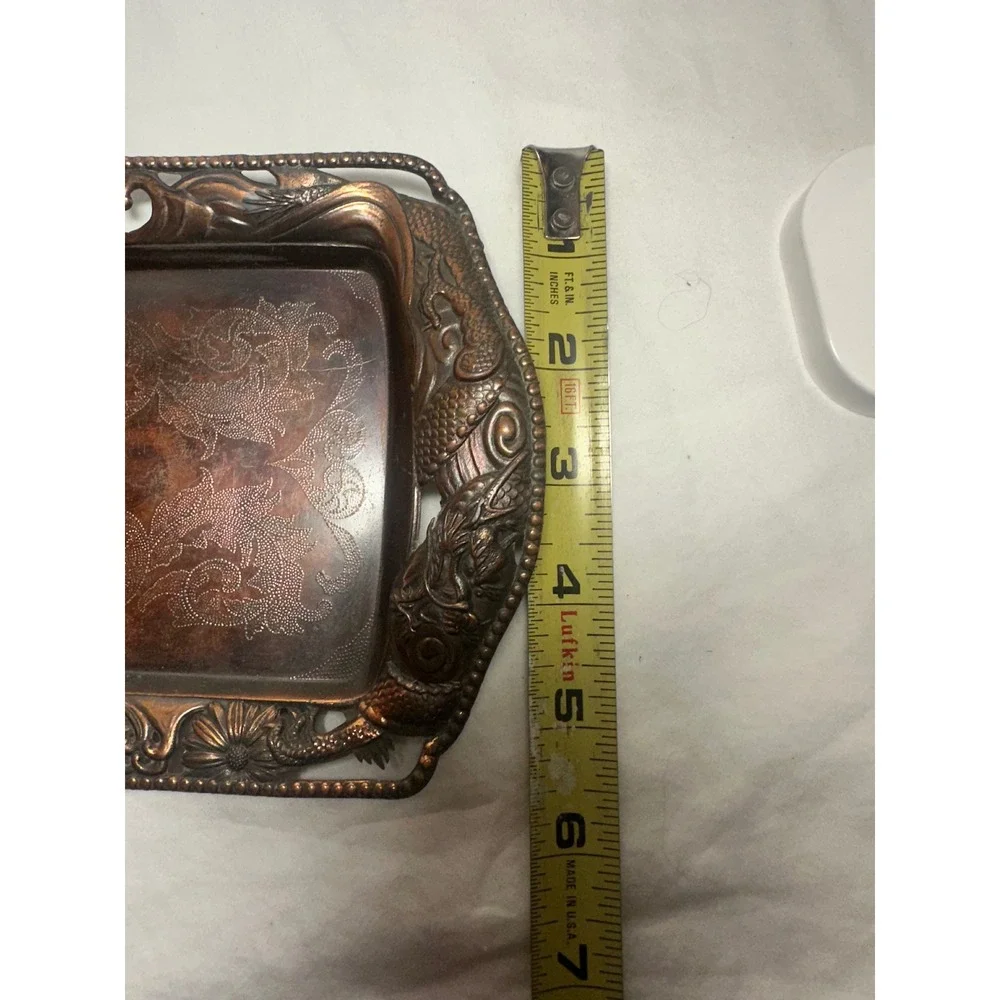 Vintage Dragon Metal Tray Copper Tone Good Ornate Embossed Chinoiserie 9.5in